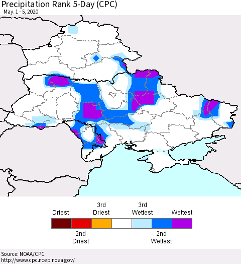 Ukraine, Moldova and Belarus Precipitation Rank since 1981, 5-Day (CPC) Thematic Map For 5/1/2020 - 5/5/2020