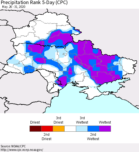 Ukraine, Moldova and Belarus Precipitation Rank 5-Day (CPC) Thematic Map For 5/26/2020 - 5/31/2020