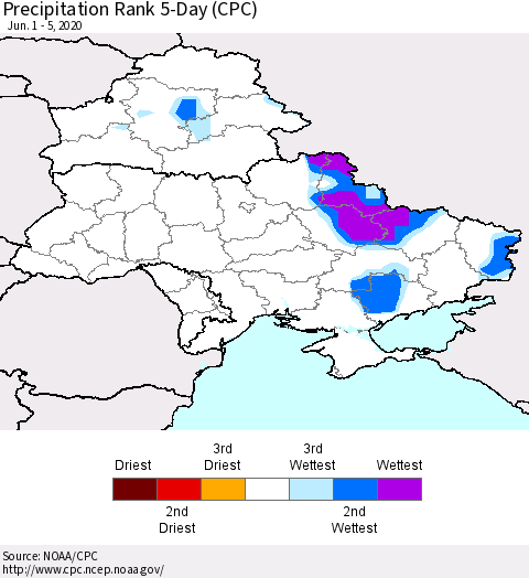 Ukraine, Moldova and Belarus Precipitation Rank 5-Day (CPC) Thematic Map For 6/1/2020 - 6/5/2020