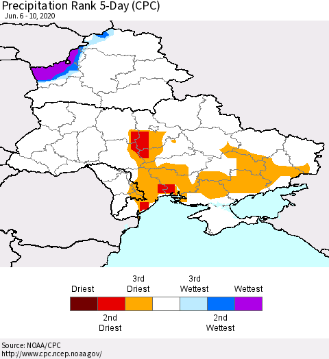 Ukraine, Moldova and Belarus Precipitation Rank since 1981, 5-Day (CPC) Thematic Map For 6/6/2020 - 6/10/2020