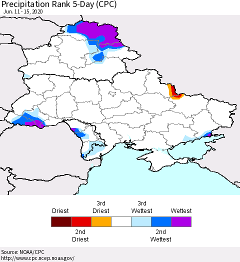 Ukraine, Moldova and Belarus Precipitation Rank 5-Day (CPC) Thematic Map For 6/11/2020 - 6/15/2020