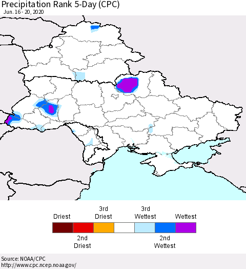 Ukraine, Moldova and Belarus Precipitation Rank 5-Day (CPC) Thematic Map For 6/16/2020 - 6/20/2020