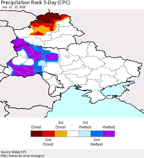 Ukraine, Moldova and Belarus Precipitation Rank 5-Day (CPC) Thematic Map For 6/21/2020 - 6/25/2020