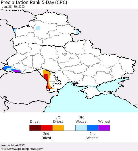 Ukraine, Moldova and Belarus Precipitation Rank since 1981, 5-Day (CPC) Thematic Map For 6/26/2020 - 6/30/2020