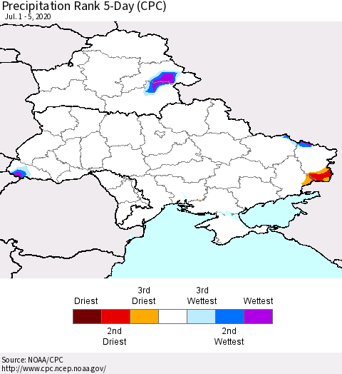 Ukraine, Moldova and Belarus Precipitation Rank 5-Day (CPC) Thematic Map For 7/1/2020 - 7/5/2020