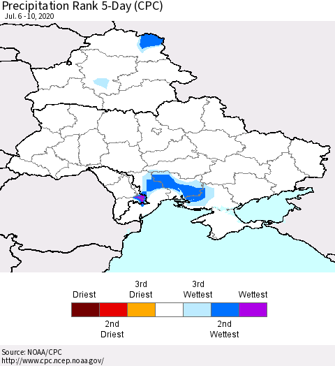 Ukraine, Moldova and Belarus Precipitation Rank 5-Day (CPC) Thematic Map For 7/6/2020 - 7/10/2020