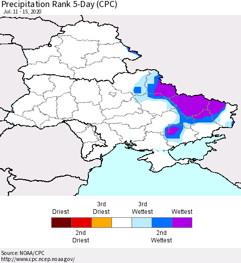 Ukraine, Moldova and Belarus Precipitation Rank 5-Day (CPC) Thematic Map For 7/11/2020 - 7/15/2020
