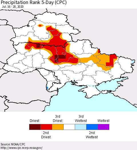 Ukraine, Moldova and Belarus Precipitation Rank 5-Day (CPC) Thematic Map For 7/16/2020 - 7/20/2020