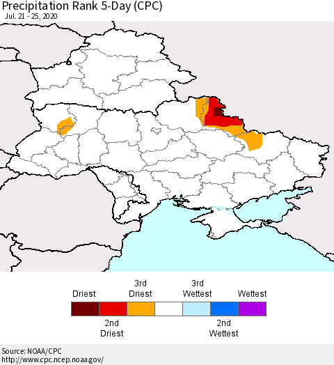 Ukraine, Moldova and Belarus Precipitation Rank 5-Day (CPC) Thematic Map For 7/21/2020 - 7/25/2020