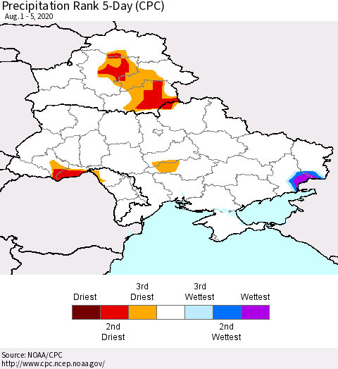Ukraine, Moldova and Belarus Precipitation Rank 5-Day (CPC) Thematic Map For 8/1/2020 - 8/5/2020