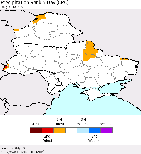 Ukraine, Moldova and Belarus Precipitation Rank 5-Day (CPC) Thematic Map For 8/6/2020 - 8/10/2020