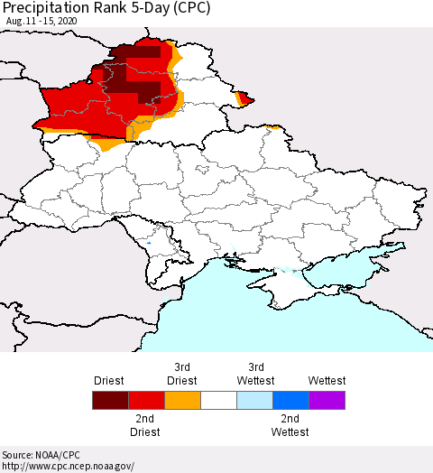 Ukraine, Moldova and Belarus Precipitation Rank 5-Day (CPC) Thematic Map For 8/11/2020 - 8/15/2020