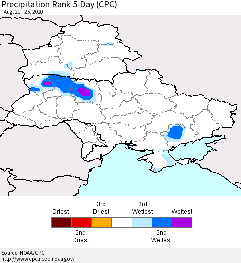 Ukraine, Moldova and Belarus Precipitation Rank 5-Day (CPC) Thematic Map For 8/21/2020 - 8/25/2020
