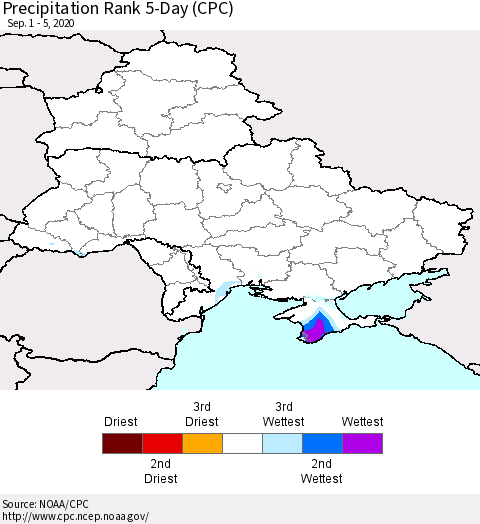 Ukraine, Moldova and Belarus Precipitation Rank 5-Day (CPC) Thematic Map For 9/1/2020 - 9/5/2020