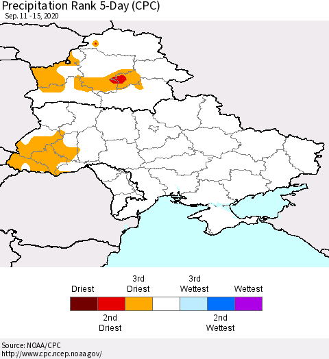 Ukraine, Moldova and Belarus Precipitation Rank since 1981, 5-Day (CPC) Thematic Map For 9/11/2020 - 9/15/2020