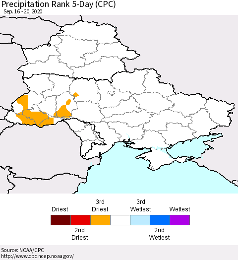 Ukraine, Moldova and Belarus Precipitation Rank 5-Day (CPC) Thematic Map For 9/16/2020 - 9/20/2020