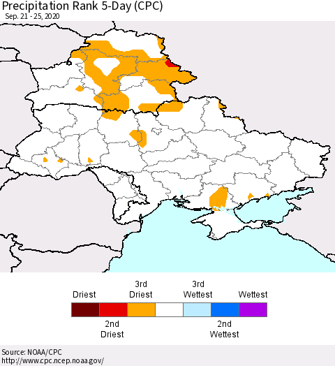 Ukraine, Moldova and Belarus Precipitation Rank 5-Day (CPC) Thematic Map For 9/21/2020 - 9/25/2020