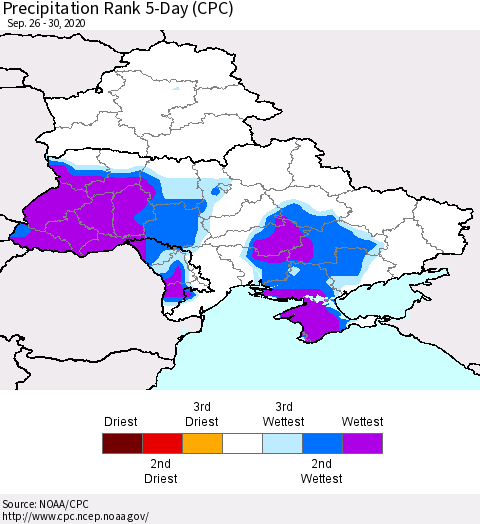 Ukraine, Moldova and Belarus Precipitation Rank 5-Day (CPC) Thematic Map For 9/26/2020 - 9/30/2020