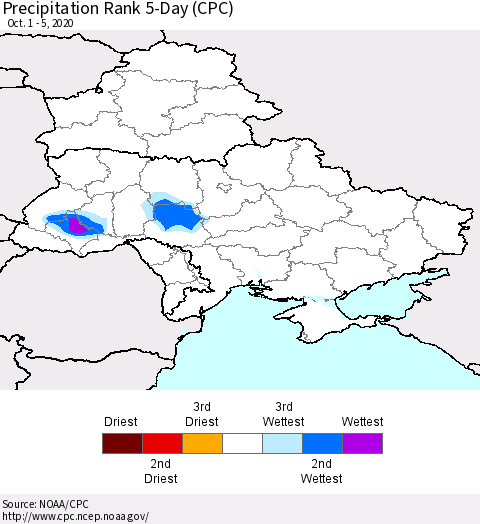 Ukraine, Moldova and Belarus Precipitation Rank 5-Day (CPC) Thematic Map For 10/1/2020 - 10/5/2020