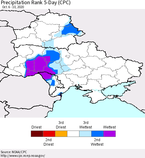 Ukraine, Moldova and Belarus Precipitation Rank 5-Day (CPC) Thematic Map For 10/6/2020 - 10/10/2020