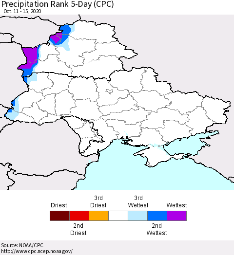 Ukraine, Moldova and Belarus Precipitation Rank 5-Day (CPC) Thematic Map For 10/11/2020 - 10/15/2020