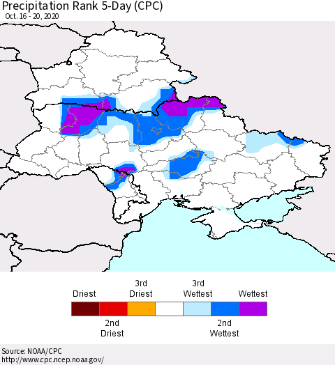 Ukraine, Moldova and Belarus Precipitation Rank 5-Day (CPC) Thematic Map For 10/16/2020 - 10/20/2020