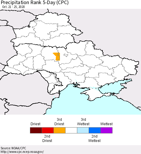 Ukraine, Moldova and Belarus Precipitation Rank 5-Day (CPC) Thematic Map For 10/21/2020 - 10/25/2020