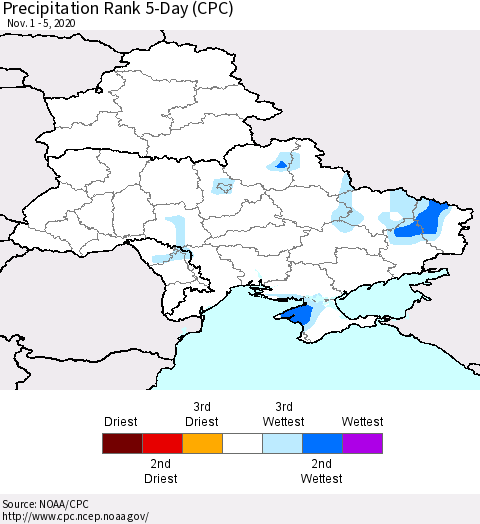 Ukraine, Moldova and Belarus Precipitation Rank 5-Day (CPC) Thematic Map For 11/1/2020 - 11/5/2020
