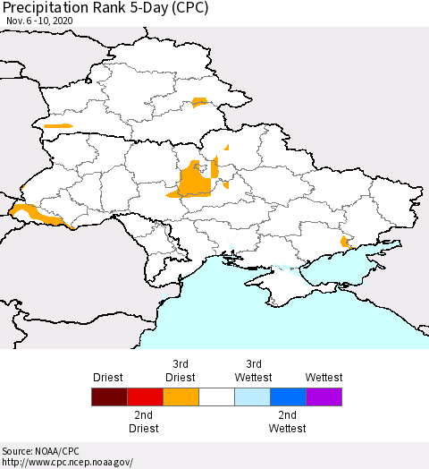 Ukraine, Moldova and Belarus Precipitation Rank 5-Day (CPC) Thematic Map For 11/6/2020 - 11/10/2020