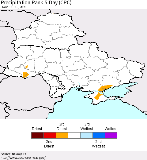 Ukraine, Moldova and Belarus Precipitation Rank since 1981, 5-Day (CPC) Thematic Map For 11/11/2020 - 11/15/2020