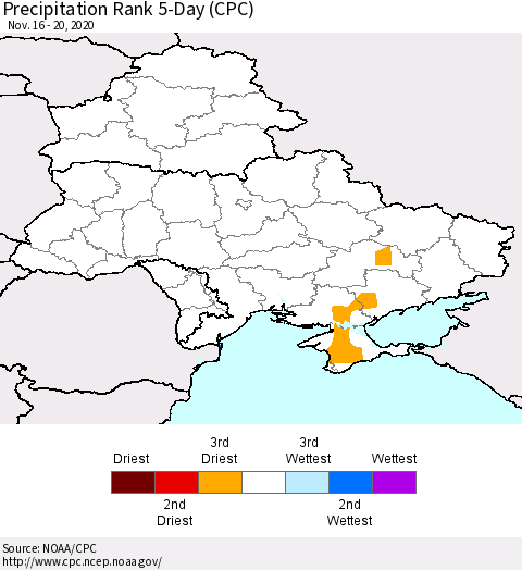Ukraine, Moldova and Belarus Precipitation Rank 5-Day (CPC) Thematic Map For 11/16/2020 - 11/20/2020