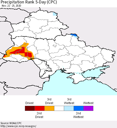Ukraine, Moldova and Belarus Precipitation Rank 5-Day (CPC) Thematic Map For 11/21/2020 - 11/25/2020