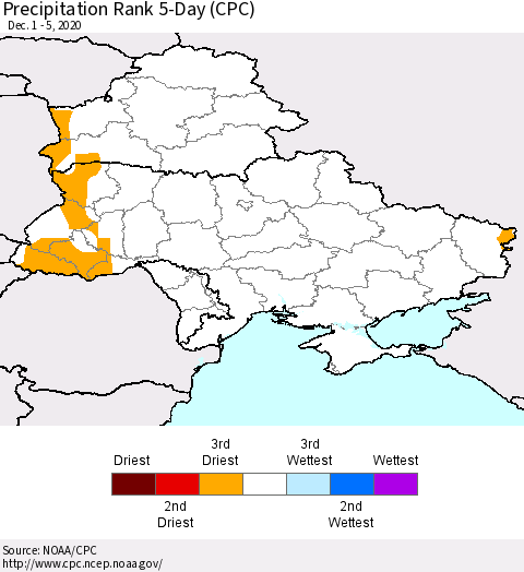 Ukraine, Moldova and Belarus Precipitation Rank 5-Day (CPC) Thematic Map For 12/1/2020 - 12/5/2020