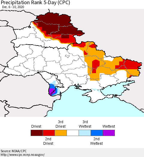 Ukraine, Moldova and Belarus Precipitation Rank 5-Day (CPC) Thematic Map For 12/6/2020 - 12/10/2020