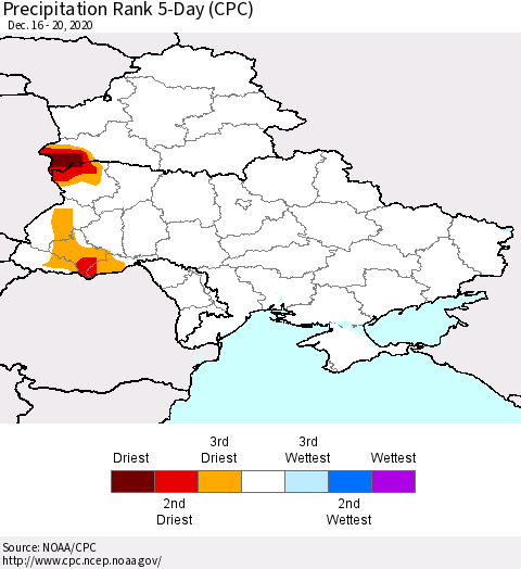 Ukraine, Moldova and Belarus Precipitation Rank 5-Day (CPC) Thematic Map For 12/16/2020 - 12/20/2020