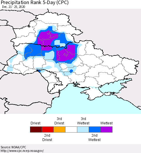 Ukraine, Moldova and Belarus Precipitation Rank 5-Day (CPC) Thematic Map For 12/21/2020 - 12/25/2020
