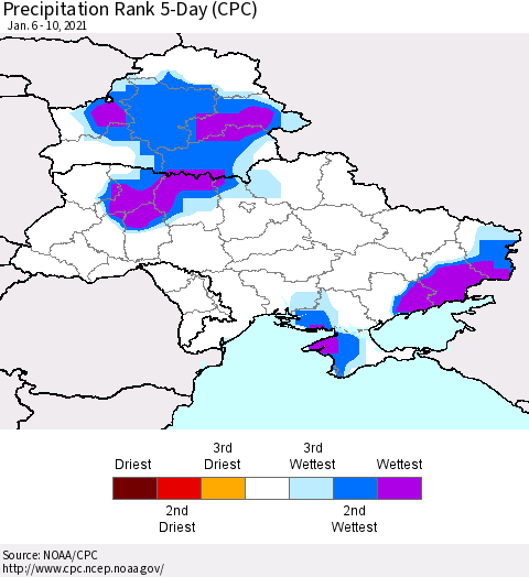 Ukraine, Moldova and Belarus Precipitation Rank since 1981, 5-Day (CPC) Thematic Map For 1/6/2021 - 1/10/2021