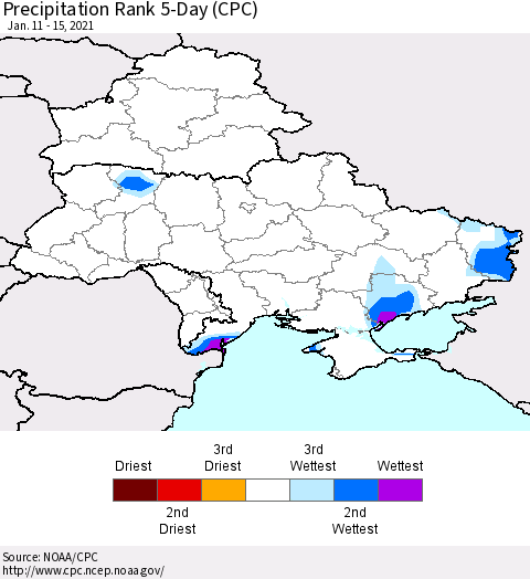 Ukraine, Moldova and Belarus Precipitation Rank 5-Day (CPC) Thematic Map For 1/11/2021 - 1/15/2021