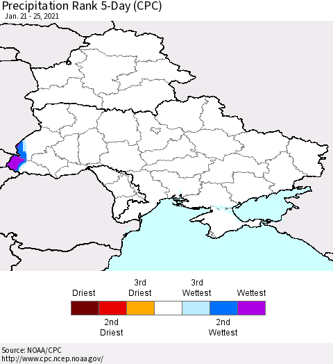 Ukraine, Moldova and Belarus Precipitation Rank since 1981, 5-Day (CPC) Thematic Map For 1/21/2021 - 1/25/2021