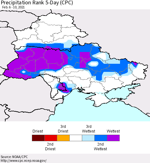 Ukraine, Moldova and Belarus Precipitation Rank since 1981, 5-Day (CPC) Thematic Map For 2/6/2021 - 2/10/2021