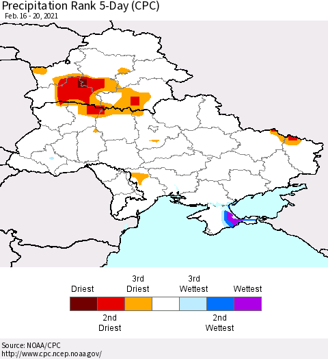 Ukraine, Moldova and Belarus Precipitation Rank 5-Day (CPC) Thematic Map For 2/16/2021 - 2/20/2021