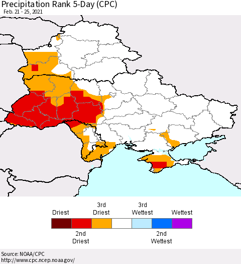 Ukraine, Moldova and Belarus Precipitation Rank 5-Day (CPC) Thematic Map For 2/21/2021 - 2/25/2021