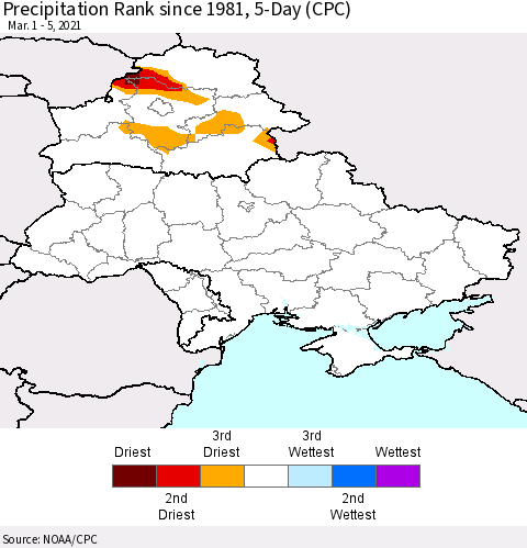 Ukraine, Moldova and Belarus Precipitation Rank since 1981, 5-Day (CPC) Thematic Map For 3/1/2021 - 3/5/2021