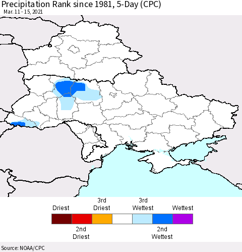 Ukraine, Moldova and Belarus Precipitation Rank 5-Day (CPC) Thematic Map For 3/11/2021 - 3/15/2021