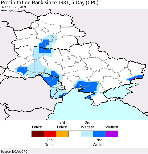 Ukraine, Moldova and Belarus Precipitation Rank 5-Day (CPC) Thematic Map For 3/16/2021 - 3/20/2021