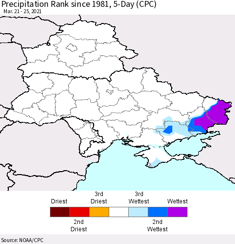 Ukraine, Moldova and Belarus Precipitation Rank since 1981, 5-Day (CPC) Thematic Map For 3/21/2021 - 3/25/2021