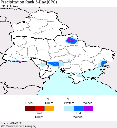 Ukraine, Moldova and Belarus Precipitation Rank 5-Day (CPC) Thematic Map For 4/1/2021 - 4/5/2021