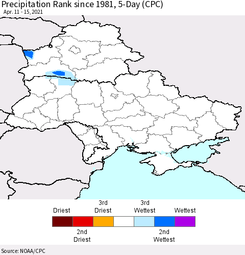 Ukraine, Moldova and Belarus Precipitation Rank since 1981, 5-Day (CPC) Thematic Map For 4/11/2021 - 4/15/2021