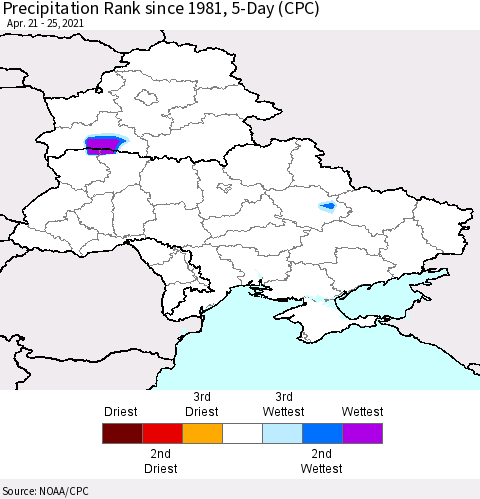 Ukraine, Moldova and Belarus Precipitation Rank since 1981, 5-Day (CPC) Thematic Map For 4/21/2021 - 4/25/2021
