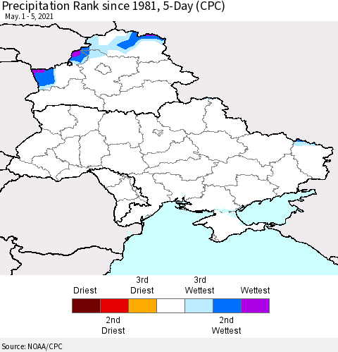 Ukraine, Moldova and Belarus Precipitation Rank since 1981, 5-Day (CPC) Thematic Map For 5/1/2021 - 5/5/2021